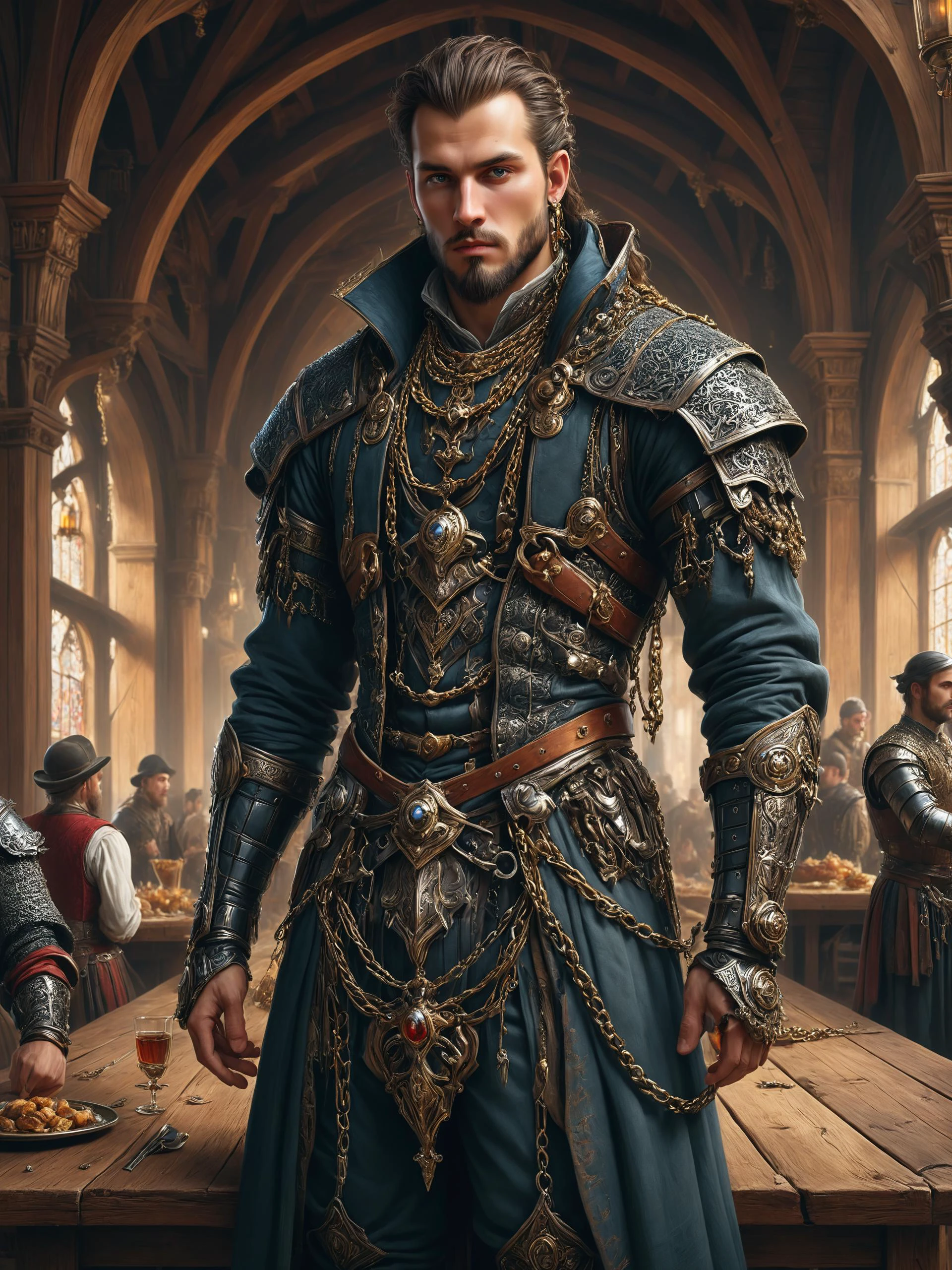 ais-rbts Man wearing an outrageous fashion outfit, Medieval feast hall with long wooden tables in the background,,,, elegant, intricate, highly detailed, digital painting, artstation, concept art, addiction, chains, smooth, sharp focus, illustration, art by Ilja Repin, octane render, RPG_portrait<lora:RBTS_STYLE:0.6> <lora:outrageous_fashion:0.6> <lora:xl_more_art-full_v1:0.4> <lora:MJ52:0.3> <lora:EnvyCreativeOutfitXL01:0.6> <lora:EnvyDynamicPoseXL01:0.7>