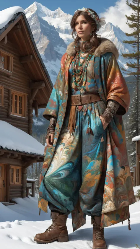 Street vendor with market wares wearing a mad-marbled-paper outrageous fashion outfit, in the background A mountain retreat, where a wooden cabin stands against a backdrop of snow-capped peaks, the air crisp with the scent of pine ,  crisp crisp, sharp focus, detailed, art by Greg Rutkowski and Moebius and Alphonse Mucha <lora:Colorful_Marbled_Paper_SDXL:0.8><lora:EnvyCreativeOutfitXL01:0.8> <lora:outrageous_fashion:0.8>