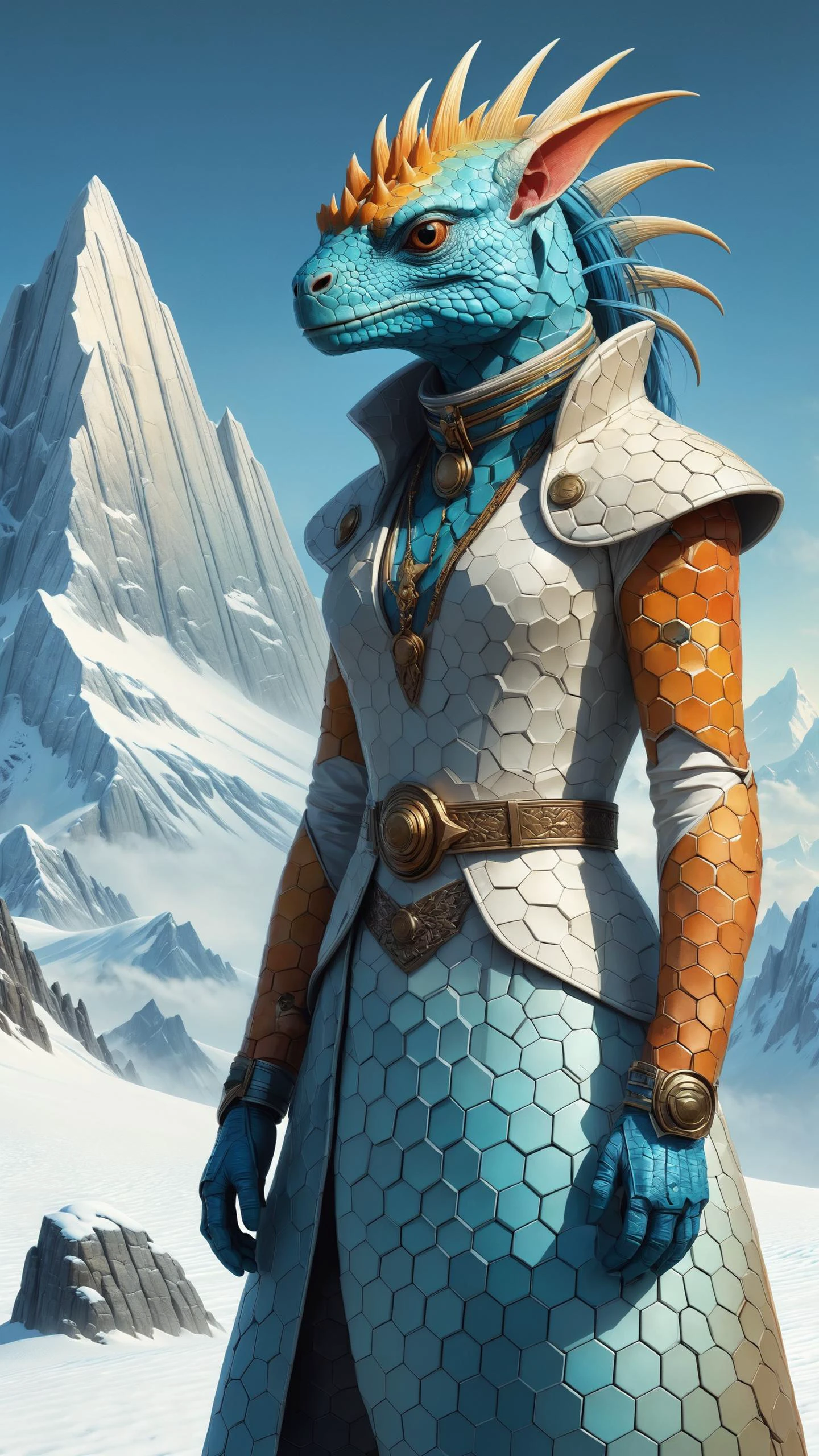 anthro Iguana wearing a madhxg outrageous fashion outfit, Snowy plateau with icy peaks in the background , photorealistic, award-winning realistic sci-fi concept art by Jim Burns and Greg Rutkowski, Picasso, Beksinski, masterpiece, complimentary colors, James Gilleard, Bruegel, Alphonse Mucha, and Yoshitaka Amano <lora:Colorful_Hexadons_SDXL:1><lora:EnvyCreativeOutfitXL01:0.8> <lora:outrageous_fashion:0.8>