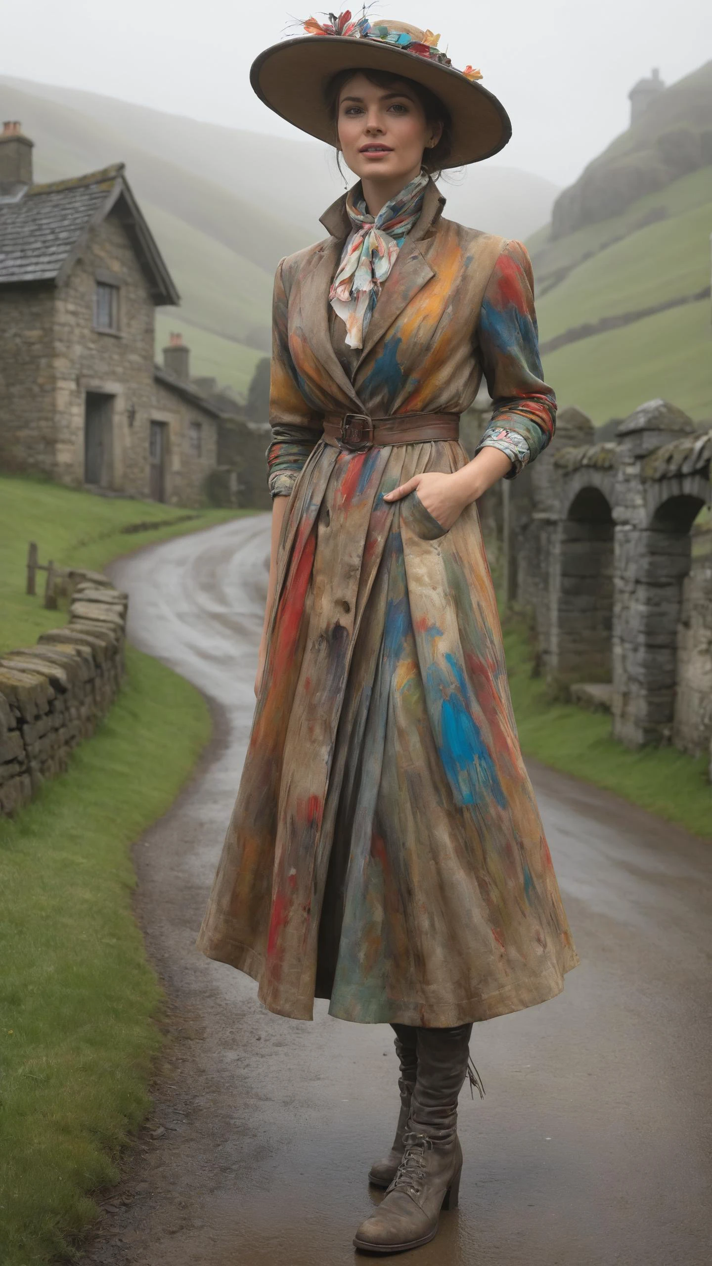 Newsboy hawking papers on street wearing a <lora:Colorful_Expressionism_SDXL:0.8> mad-exp outrageous fashion outfit, (Kicking up heels, carefree playfulness), in the background A Welsh cottage in a misty valley, where ancient legends come alive amidst rolling hills and ancient standing stones<lora:EnvyCreativeOutfitXL01:0.8> <lora:outrageous_fashion:0.8>, <lora:gorgoeus_splash_of_vibrant_paint:0.8> Gorgeous splash of vibrant paint,