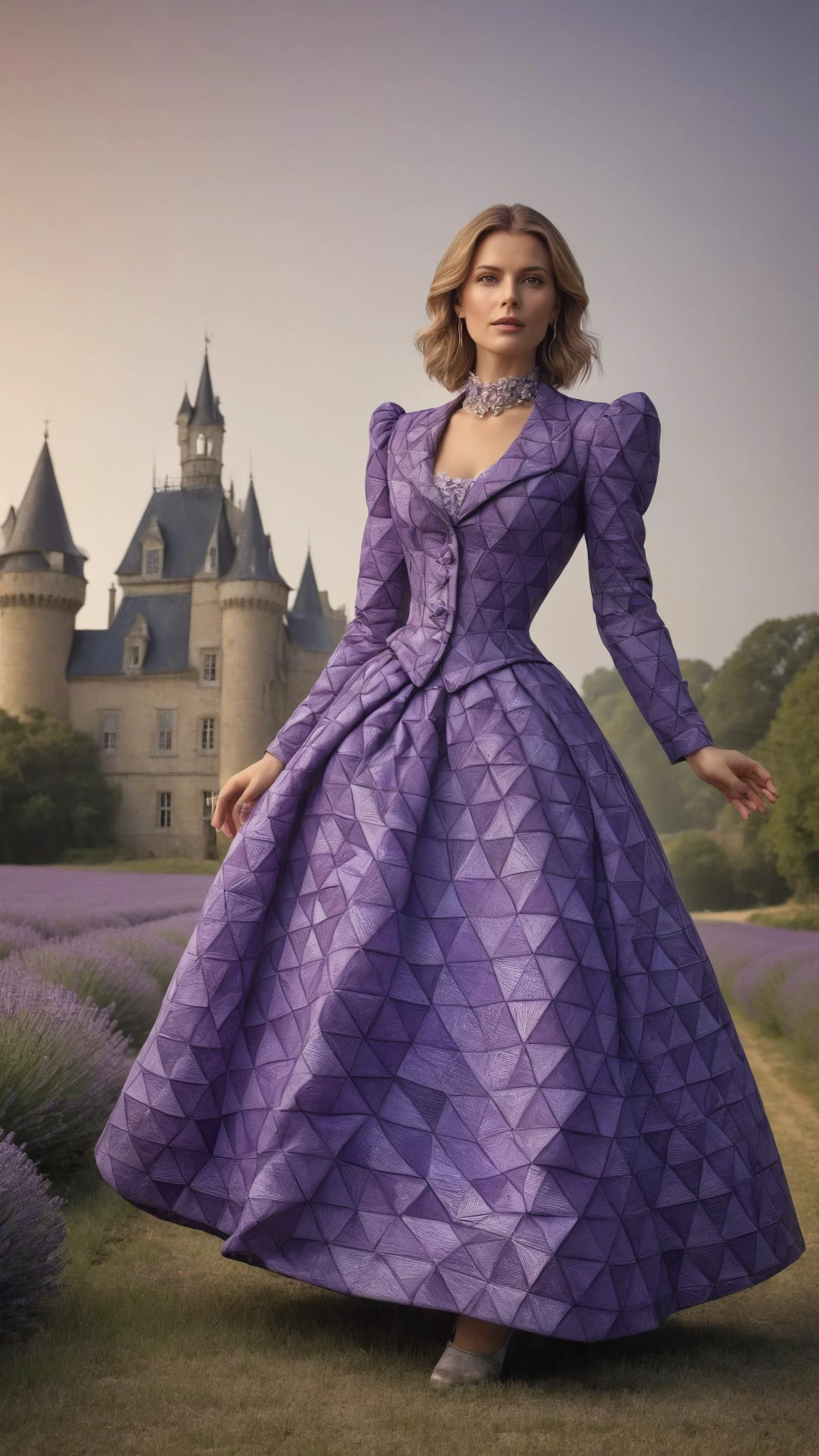 Victorian governess with prim demeanor wearing a <lora:Colorful_Triangles_SDXL:0.8> mad-triangles outrageous fashion outfit, (Standing on tiptoes, playful energy), in the background A French château surrounded by lavender fields, where the scent of the purple blooms fills the summer air<lora:EnvyCreativeOutfitXL01:0.8> <lora:outrageous_fashion:0.8>, <lora:gorgoeus_splash_of_vibrant_paint:0.8> Gorgeous splash of vibrant paint,
