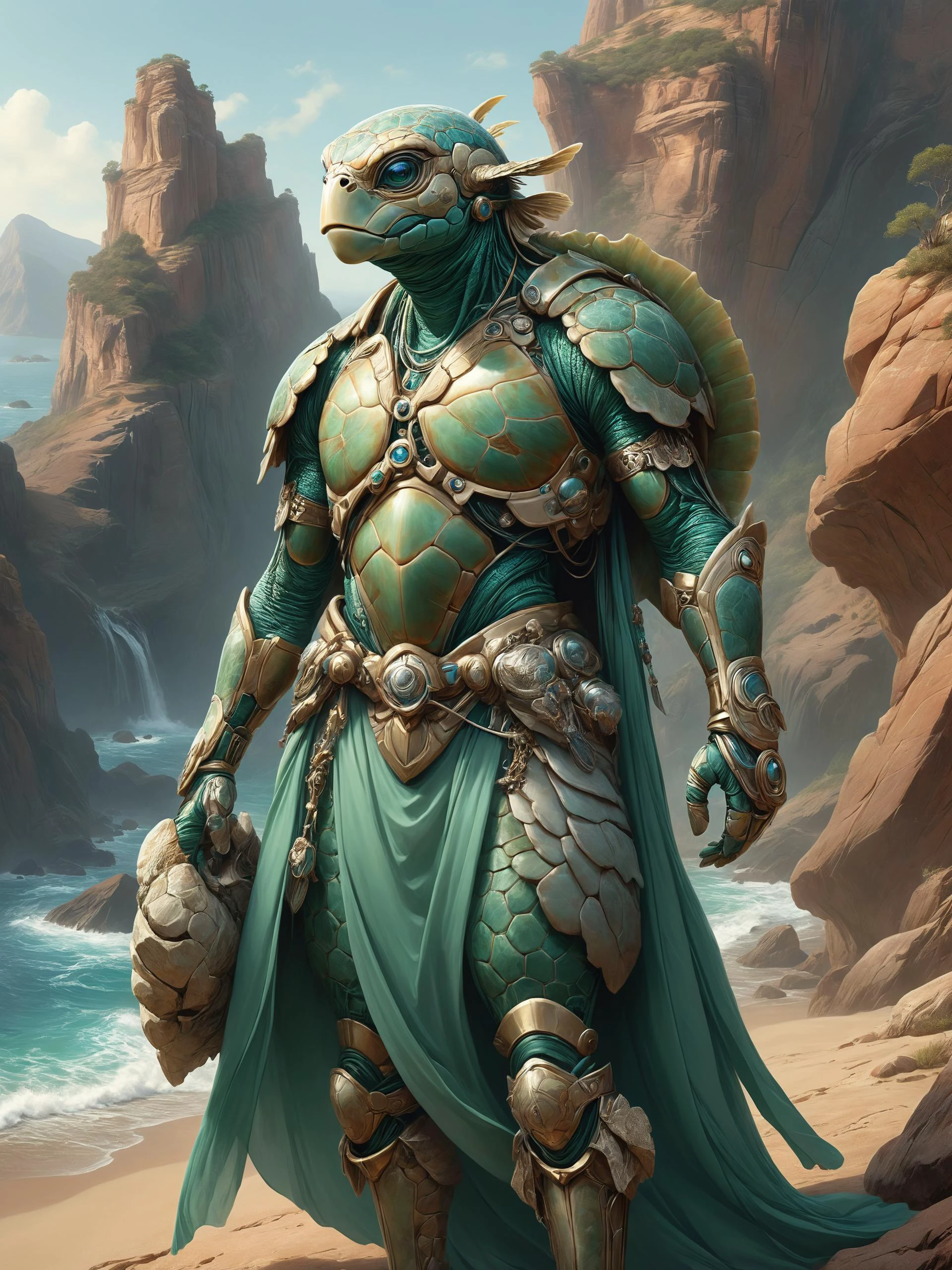 ais-rbts anthro Green Sea Turtle wearing an outrageous fashion outfit, Vast canyon with layered rock formations in the background,,,, elegant, sharp focus, illustration, highly detailed, digital painting, concept art, matte, art by WLOP and Artgerm and Greg Rutkowski and Alphonse Mucha, masterpiece<lora:RBTS_STYLE:0.6> <lora:outrageous_fashion:0.6> <lora:xl_more_art-full_v1:0.4> <lora:MJ52:0.3> <lora:EnvyCreativeOutfitXL01:0.6> <lora:EnvyDynamicPoseXL01:0.7>