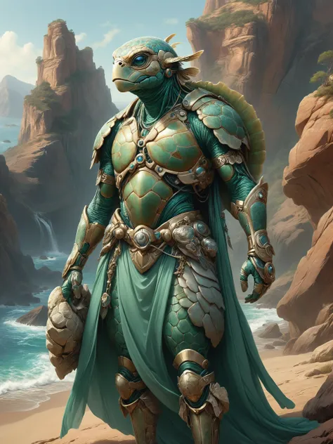 ais-rbts anthro Green Sea Turtle wearing an outrageous fashion outfit, Vast canyon with layered rock formations in the background,,,,  elegant, sharp focus, illustration, highly detailed, digital painting, concept art, matte, art by WLOP and Artgerm and Greg Rutkowski and Alphonse Mucha, masterpiece<lora:RBTS_STYLE:0.6> <lora:outrageous_fashion:0.6> <lora:xl_more_art-full_v1:0.4> <lora:MJ52:0.3> <lora:EnvyCreativeOutfitXL01:0.6>  <lora:EnvyDynamicPoseXL01:0.7>