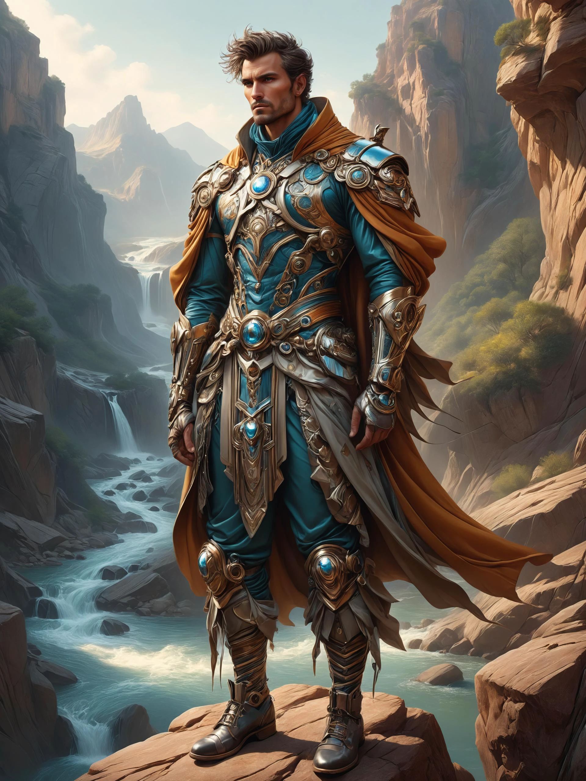 ais-rbts Man wearing an outrageous fashion outfit, Rocky canyon with winding river in the background,,,, intricate, elegant, highly detailed, extremely detailed, digital painting, artstation, concept art, matte, smooth, sharp focus, symmetrical, illustration, art by Artgerm and Greg Rutkowski and Alphonse Mucha, From the distance<lora:RBTS_STYLE:0.6> <lora:outrageous_fashion:0.6> <lora:xl_more_art-full_v1:0.4> <lora:MJ52:0.3> <lora:EnvyCreativeOutfitXL01:0.6> <lora:EnvyDynamicPoseXL01:0.7>