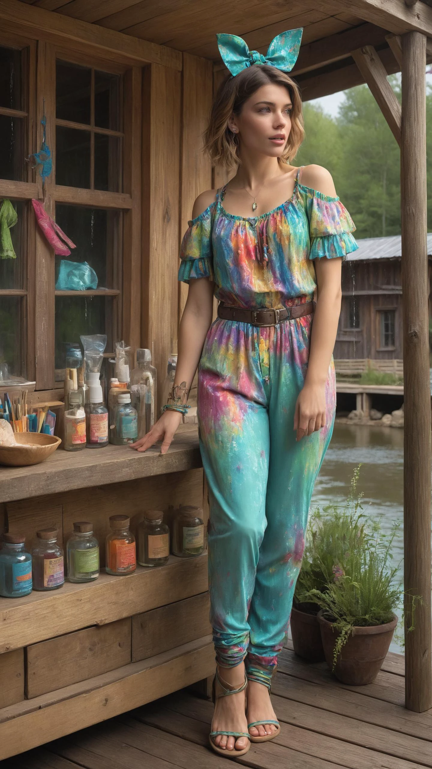 Apothecary behind cluttered counter wearing a <lora:Colorful_Matrix_SDXL:0.8> mad-mtrx outrageous fashion outfit, (Blowing a kiss, sweet gesture), in the background A riverside cabin with a wooden porch, where the gentle lapping of the water creates a soothing melody<lora:EnvyCreativeOutfitXL01:0.8> <lora:outrageous_fashion:0.8>, <lora:gorgoeus_splash_of_vibrant_paint:0.8> Gorgeous splash of vibrant paint,