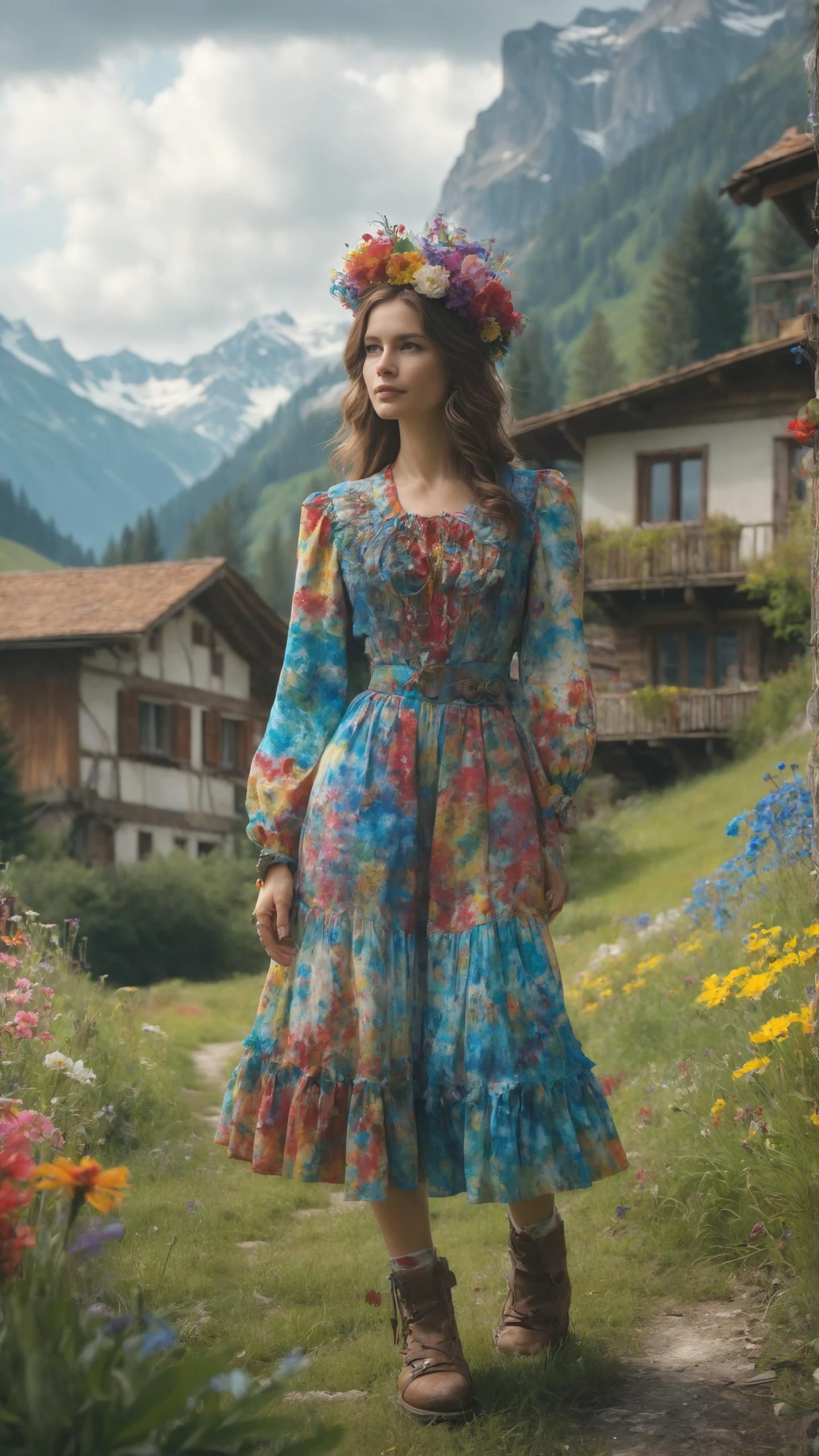 Factory worker tending machinery wearing a <lora:Colorful_Tie-Dye_SDXL:0.7> mad-tiedye outrageous fashion outfit, (Holding hands tenderly, expressing connection), in the background A Swiss chalet nestled in a meadow of alpine flowers, surrounded by meandering streams and the distant sound of cowbells<lora:EnvyCreativeOutfitXL01:0.8> <lora:outrageous_fashion:0.8>, <lora:gorgoeus_splash_of_vibrant_paint:0.8> Gorgeous splash of vibrant paint,