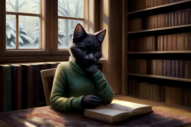 drawing, , (furry black cat:1.3), standing,  wearing a green sweater, fur, detailed fur, winking, furry tail, happy, expressive, book in hand, winter season, dead trees, library, books, books shelves, window, snowing,  carpet floor, cozy, ambient lighting, best quality, masterpiece, detailed,  <lora:add_detail:0.8> Furry, posted in e621, trending on furaffinity,   <lora:wickerbeast v1.2-000004:0.8> wickerbeast ,  <lora:Furtastic_Detailer:0.8>