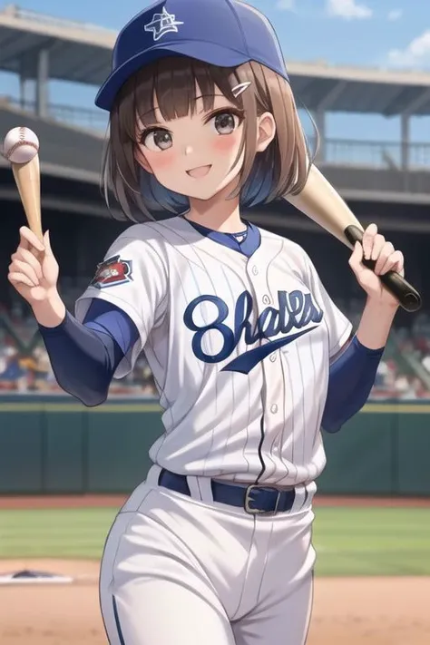 1girl, blunt bangs, dark brown hair, short hair, black eyes, (silver-star-hairpin), 
(baseball uniform:1.6), (blue stripe uniform:1.5), walking, (indigo buruma:1.5), sgu, gym uniform, (uniform number is 16), small chest, small hip,
from front, look back, smile, raise right hand, cowboy shot,
at Yokohama stadium, baseball stadium,