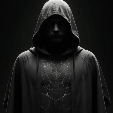 ShatteredCloth,solo,monochrome,greyscale,male ,MAX,MAX face,male focus,visible face,face focus,hood,cape,black background,facing viewer,cloak,clenched hands,hood up,arms at sides,hooded cloak,visibleface in cloak,shattered effect on clothes <lora:ShatteredClothSD:0.5>MaxfieldTI