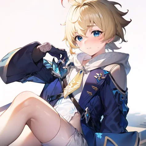 (((masterpiece))), (((best quality))), ((ultra-detailed)), (best illustration), (best shadow), ((an extremely delicate and beautiful)), blush,official art, (topless male:1.2),white_shorts, extremely detailed 4k CG, original, (extremely detailed CG unity 8k wallpaper:1.1), (illustration:1.1),blonde hair,ahoge,plume,blue eyes, <lora:mika:1>,1boy