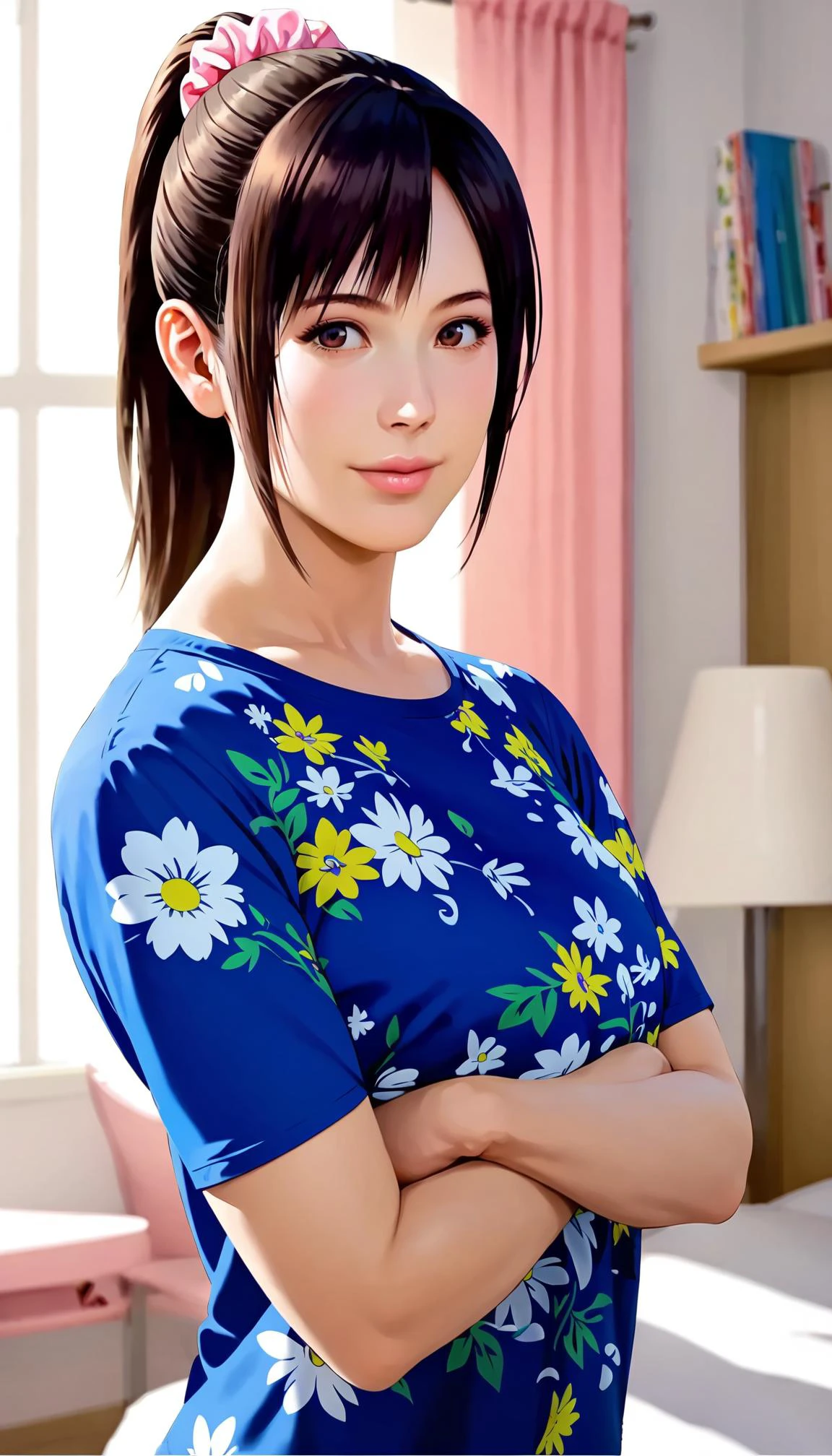 score_9,score_8_up,score_7_up,
<lora:miiyamotoHikari:0.8>,miiyamotohikari,1girl,solo,
vignetting,blurry background,
realistic,
black hair,ponytail,bangs,scrunchie,pink scrunchie,
brown eyes,
t-shirt, blue t-shirt, floral print, tight clothing
indoors,bedroom,
looking to the side, smile, happy, lips,
upper body, portrait, head down