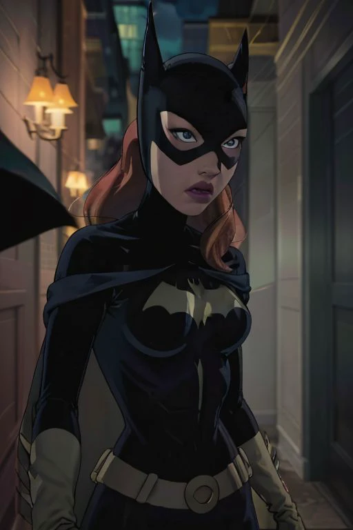 comic close-up photo of a woman as batgirl, at arkham city, looking at viewer, <lora:megfox_xl_1_standard_merger_23_41_07_03:1> . graphic illustration, comic art, graphic novel art, vibrant, highly detailed
