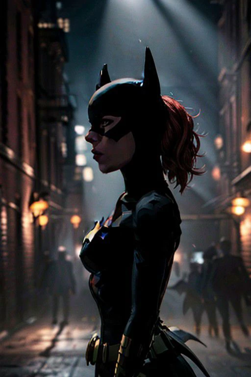 silhouette photography beautiful woman, batgirl, in the front spotlight, 8k uhd, sharp focus, masterpiece, RAW photo, high quality, highres