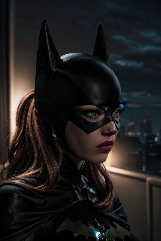 silhouette photography beautiful woman, batgirl, in the front spotlight, 8k uhd, sharp focus, masterpiece, RAW photo, high quality, highres