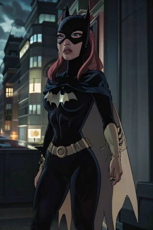 comic close-up photo of a woman as batgirl, at arkham city, looking at viewer, <lora:megfox_xl_1_standard_merger_23_41_07_03:1> . graphic illustration, comic art, graphic novel art, vibrant, highly detailed