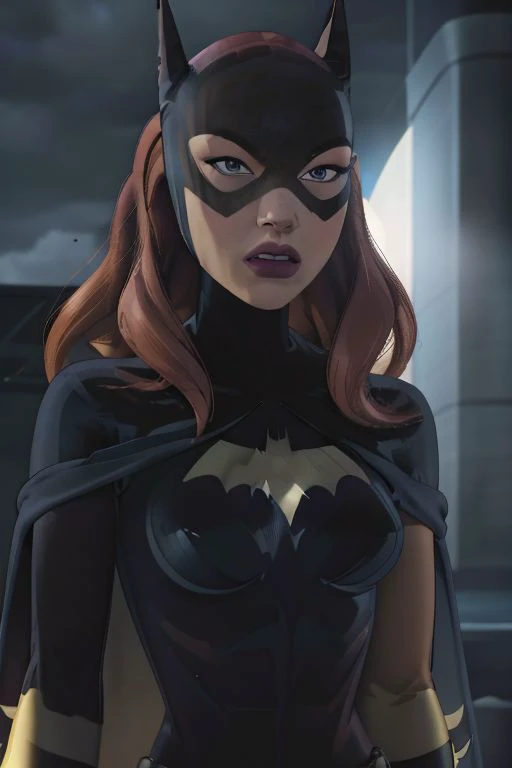 comic close-up photo of a woman as batgirl, at arkham city, looking at viewer, ((large breasts)), clothed nipples, ((camel toe)) <lora:megfox_xl_1_standard_merger_23_41_07_03:1> . graphic illustration, comic art, graphic novel art, vibrant, highly detailed