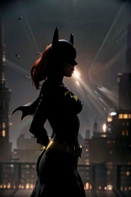 silhouette photography beautiful woman, batgirl, in the front spotlight, 8k uhd, sharp focus, masterpiece, RAW photo, high quality, highres