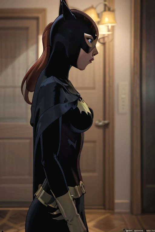 comic close-up photo of a woman as batgirl, at arkham city, looking at viewer, <lora:megfox_xl_1_standard_merger_23_41_07_03:1> . graphic illustration, comic art, graphic novel art, vibrant, highly detailed