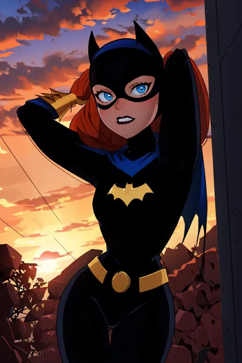 <lyco:Batgirl-step00001600:1.0>, batgirlv1, 1girl, cowboy shot, volumetric lighting, looking at viewer, arms behind head, sunset, from below