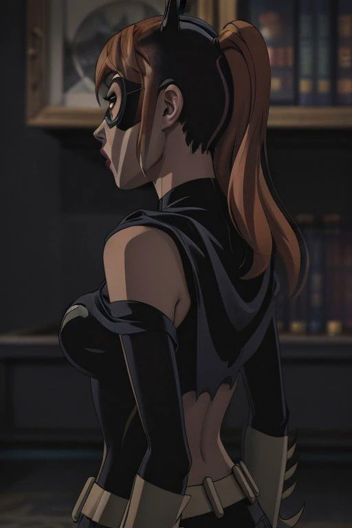 (Highres), (Detailed Illustration), Ultra-Detailed, 8k, nsfw, (masterpiece,best quality,absurdres,beautiful,intricate,4k,detailed,aesthetic),from side, orange hair, batgirl, crop top,tank top,gigantic breasts,sideboob, <lora:crop_top_overhang_v0.1:0.7> <lora:add_detail:1> <lora:hairdetailer:0.8>