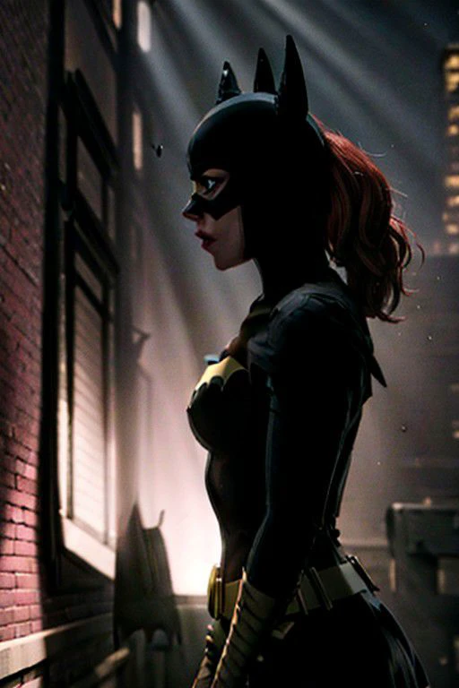silhouette photography beautiful woman, batgirl, in the front spotlight, 8k uhd, sharp focus, masterpiece, RAW photo, high quality, highres