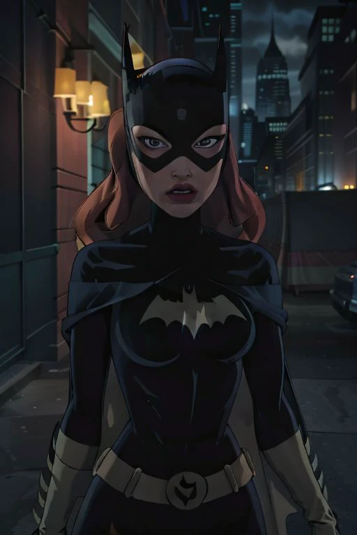 comic close-up photo of a woman as batgirl, at arkham city, looking at viewer, <lora:megfox_xl_1_standard_merger_23_41_07_03:1> . graphic illustration, comic art, graphic novel art, vibrant, highly detailed