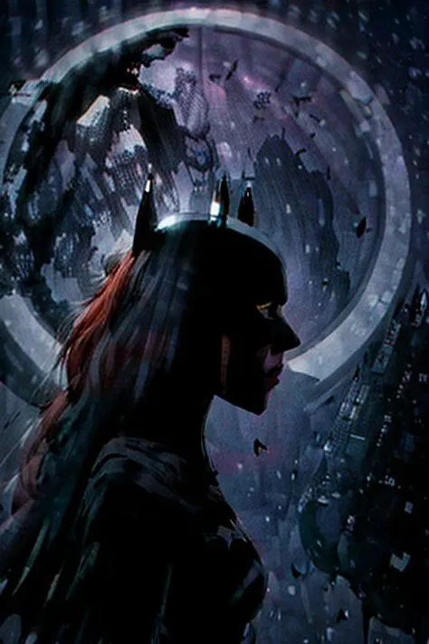 Silhouette style ASCIIview of a beautiful (sks woman:1) batgirl, floating in space with the universe in the background, sci-fi, horror, intricate details, high contrast, (artwork by Beksinski, methurlant), . High contrast, minimalistic, black and white, stark, dramatic
