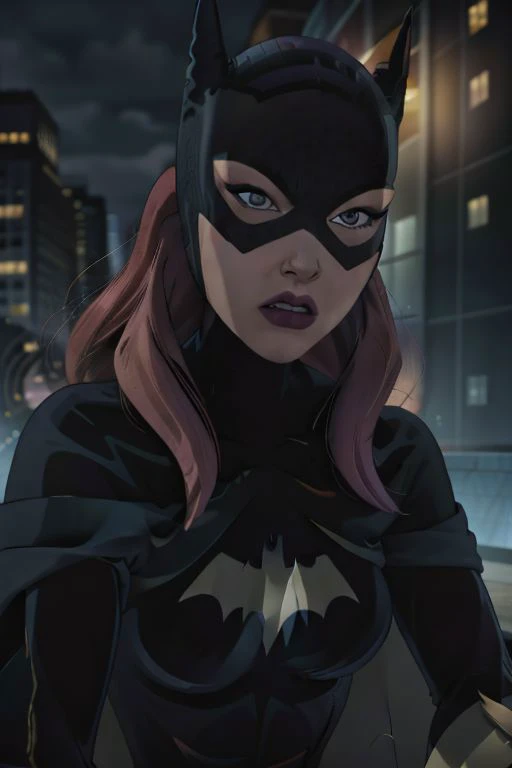 comic close-up photo of a woman as batgirl, at arkham city, looking at viewer, <lora:megfox_xl_1_standard_merger_23_41_07_03:1> . graphic illustration, comic art, graphic novel art, vibrant, highly detailed