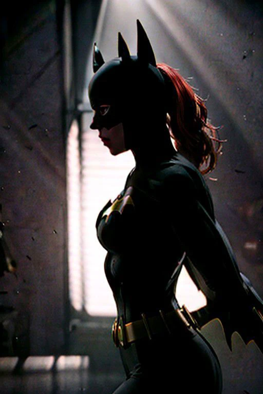 silhouette photography beautiful woman, batgirl, in the front spotlight, 8k uhd, sharp focus, masterpiece, RAW photo, high quality, highres