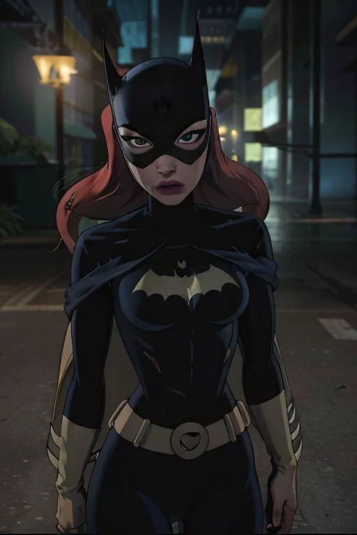 comic close-up photo of a woman as batgirl, at arkham city, looking at viewer, <lora:megfox_xl_1_standard_merger_23_41_07_03:1> . graphic illustration, comic art, graphic novel art, vibrant, highly detailed