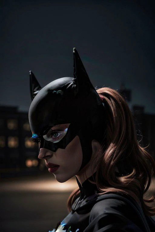 silhouette photography beautiful woman, batgirl, in the front spotlight, 8k uhd, sharp focus, masterpiece, RAW photo, high quality, highres
