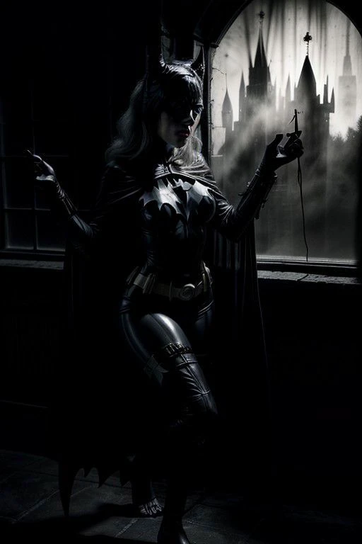photo of batgirl, (ur black druid):1.2, in a dark and evil wood, 1girl, (cape):1.0, blood:1.2, barefoot, horrorcore, fantasy, suspense, fright medieval danger, 32k uhd, ((low-key, dimly lit, low lighting, silhouette, )), photograph, Ilford FP4 125, 64k, Behance HD,