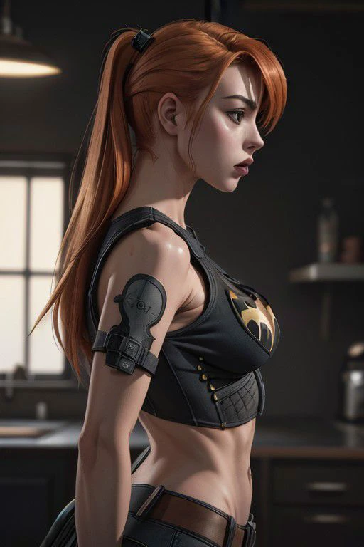 (Highres), (Detailed Illustration), Ultra-Detailed, 8k, nsfw, (masterpiece,best quality,absurdres,beautiful,intricate,4k,detailed,aesthetic),from side, orange hair, batgirl, crop top,tank top,medium breasts,sideboob, ((clothed nipples)) <lora:crop_top_overhang_v0.1:0.7> <lora:add_detail:1> <lora:hairdetailer:0.8>