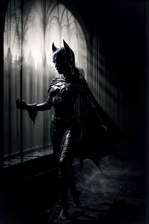 photo of batgirl, (ur black druid):1.2, in a dark and evil wood, 1girl, (cape):1.0, blood:1.2, barefoot, horrorcore, fantasy, suspense, fright medieval danger, 32k uhd, ((low-key, dimly lit, low lighting, silhouette, )), photograph, Ilford FP4 125, 64k, Behance HD,