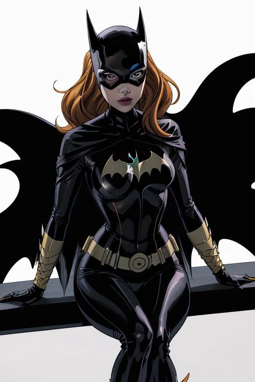 batgirl, orange hair, linquivera, liiv1, illustration, (anime:0.7), thin, fine fractal glossy vivid colored ink sketch shiny contours outlines of a perfect physique female silhouette, wreathed in fractal ribbons of ink, floating, sitting on bands of ink, falling, channeling the power of a god