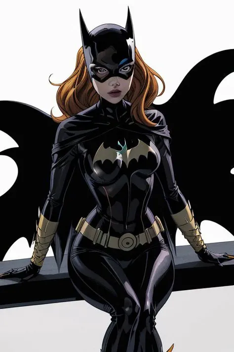 batgirl, orange hair, linquivera, liiv1, illustration, (anime:0.7), thin, fine fractal glossy vivid colored ink sketch shiny contours outlines of a perfect physique female silhouette, wreathed in fractal ribbons of ink, floating, sitting on bands of ink, falling, channeling the power of a god
