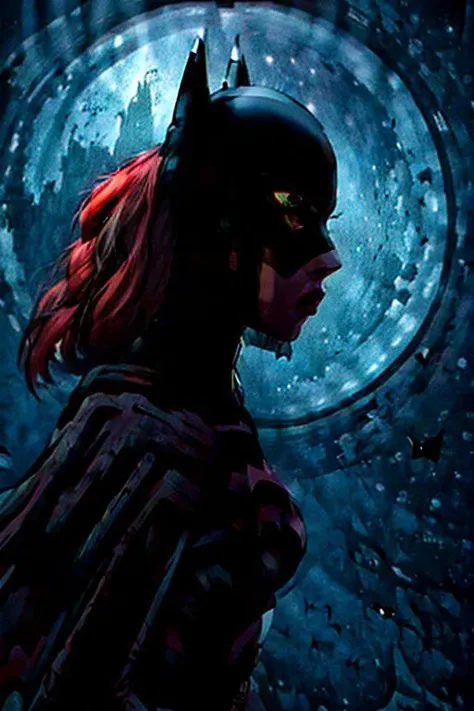 Silhouette style ASCIIview of a beautiful (sks woman:1) batgirl, floating in space with the universe in the background, sci-fi, horror, intricate details, high contrast, (artwork by Beksinski, methurlant), . High contrast, minimalistic, black and white, stark, dramatic