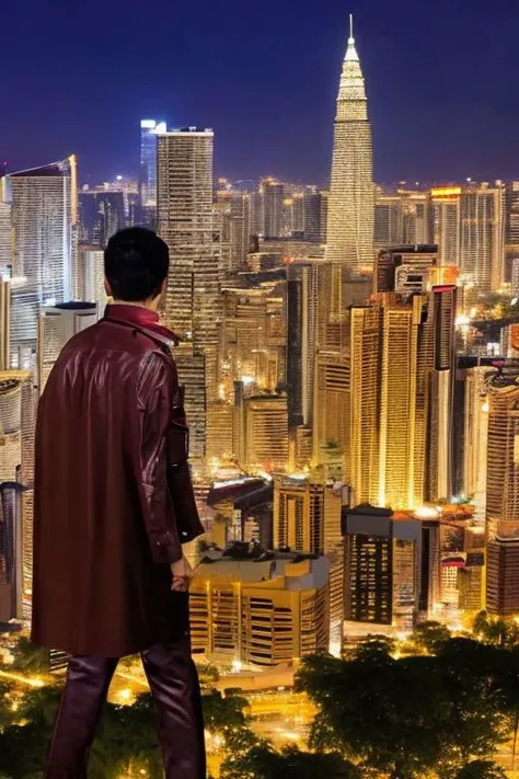 super realistic, shoes shot view, a man wearing brown leather bat half mask, brown cape at the back,  magenta leather jacket, magenta leather pant, brown leather belt, brown leather glove and magenta high leather shoes, hold titanium wired big club and on top of Kuala Lumpur building in the night with fog and moon lighting,