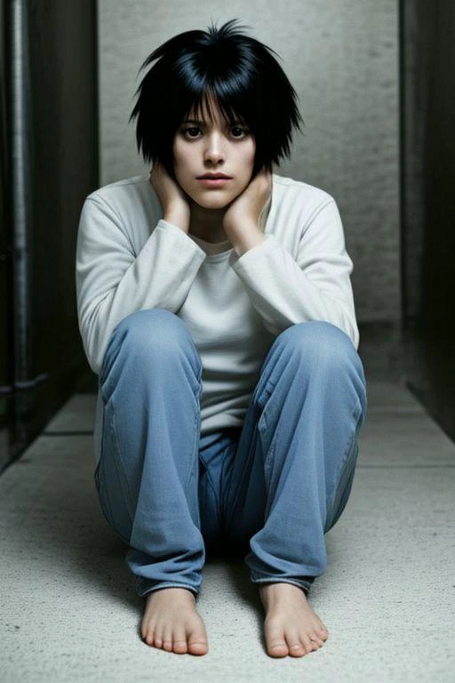l lawliet, white shirt, jeans, barefoot.
sitting, knees up,
wide-eyed, emotionless
1woman, solo, panam palmer, business suit, reading glasses,