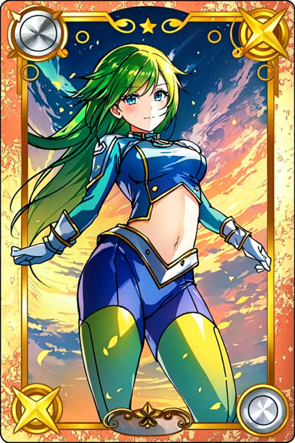 <lora:TradingCard:1> 1girl, solo, blue eyes, green hair , trading card style,