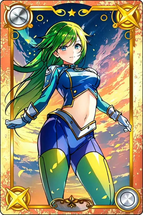 <lora:TradingCard:1> 1girl,  solo, blue eyes, green hair , trading card style,