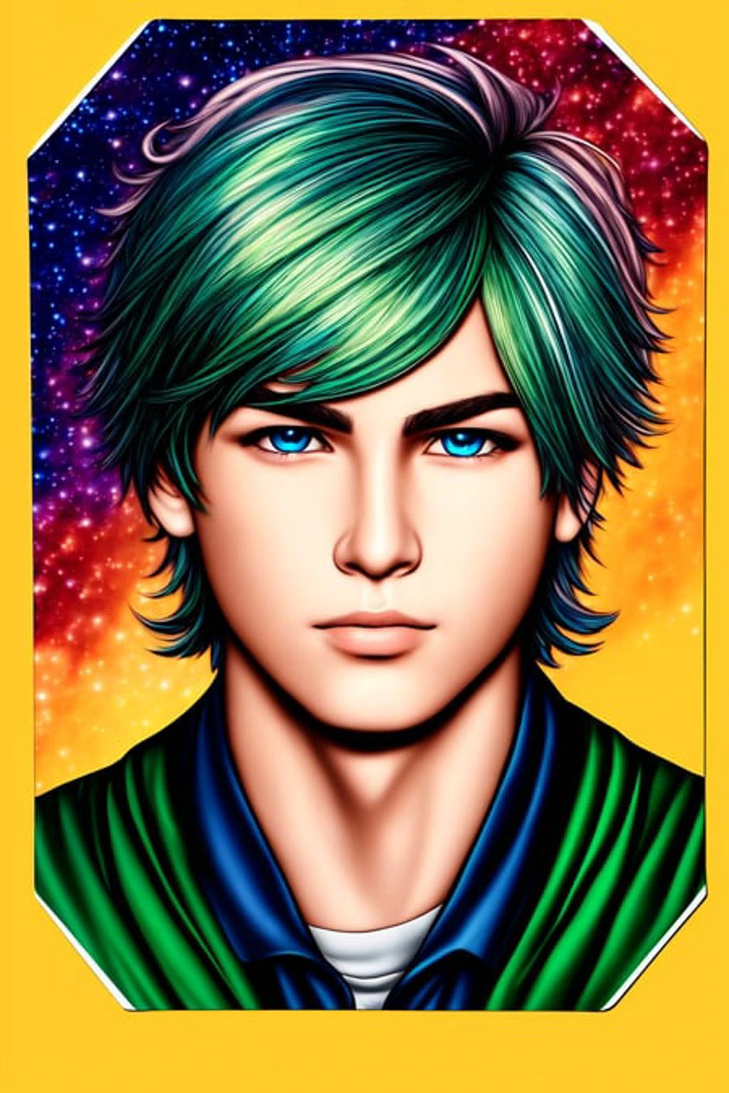 <lora:TradingCard:.7> 1boy, male focus, solo, blue eyes, green hair, semi realistic, (masterpiece), trading card style,