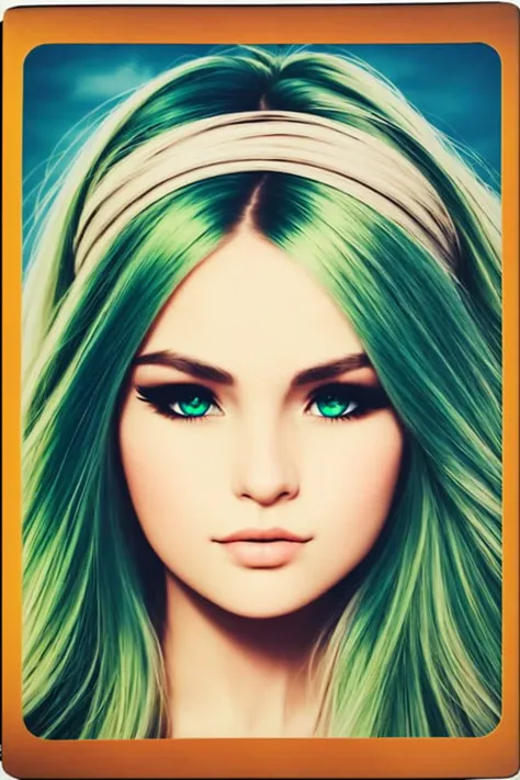 <lora:TradingCard:1> 1girl,  solo, blue eyes, green hair, semi realistic, (masterpiece), trading card style,