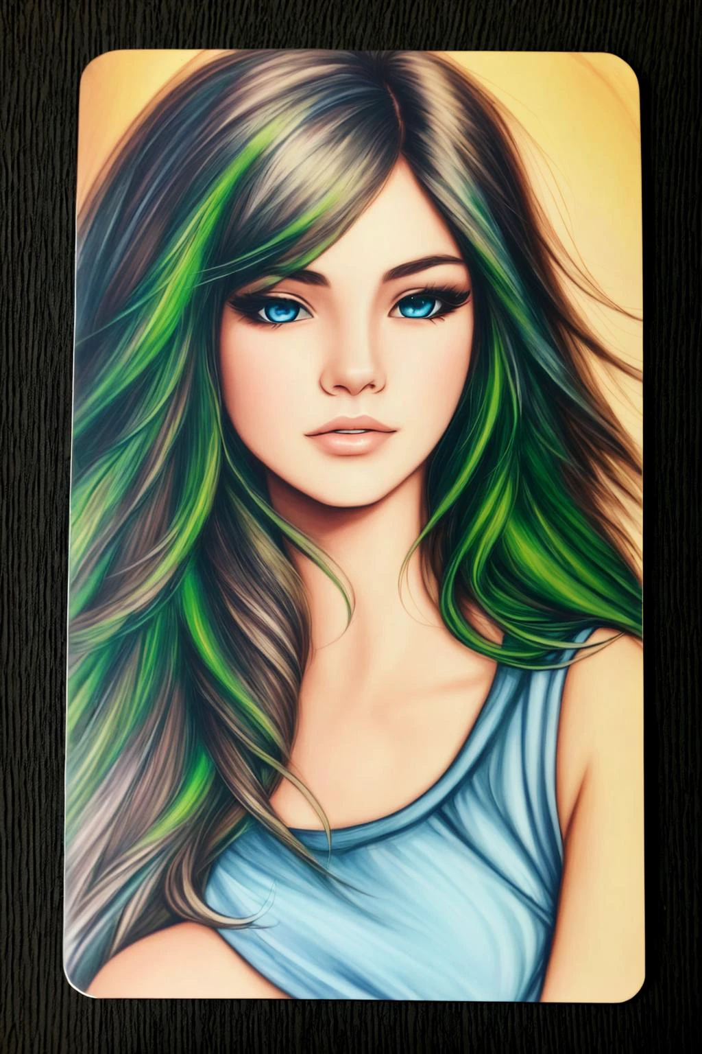 <lora:TradingCard:.7> 1girl, solo, blue eyes, green hair, semi realistic, (masterpiece), trading card style,