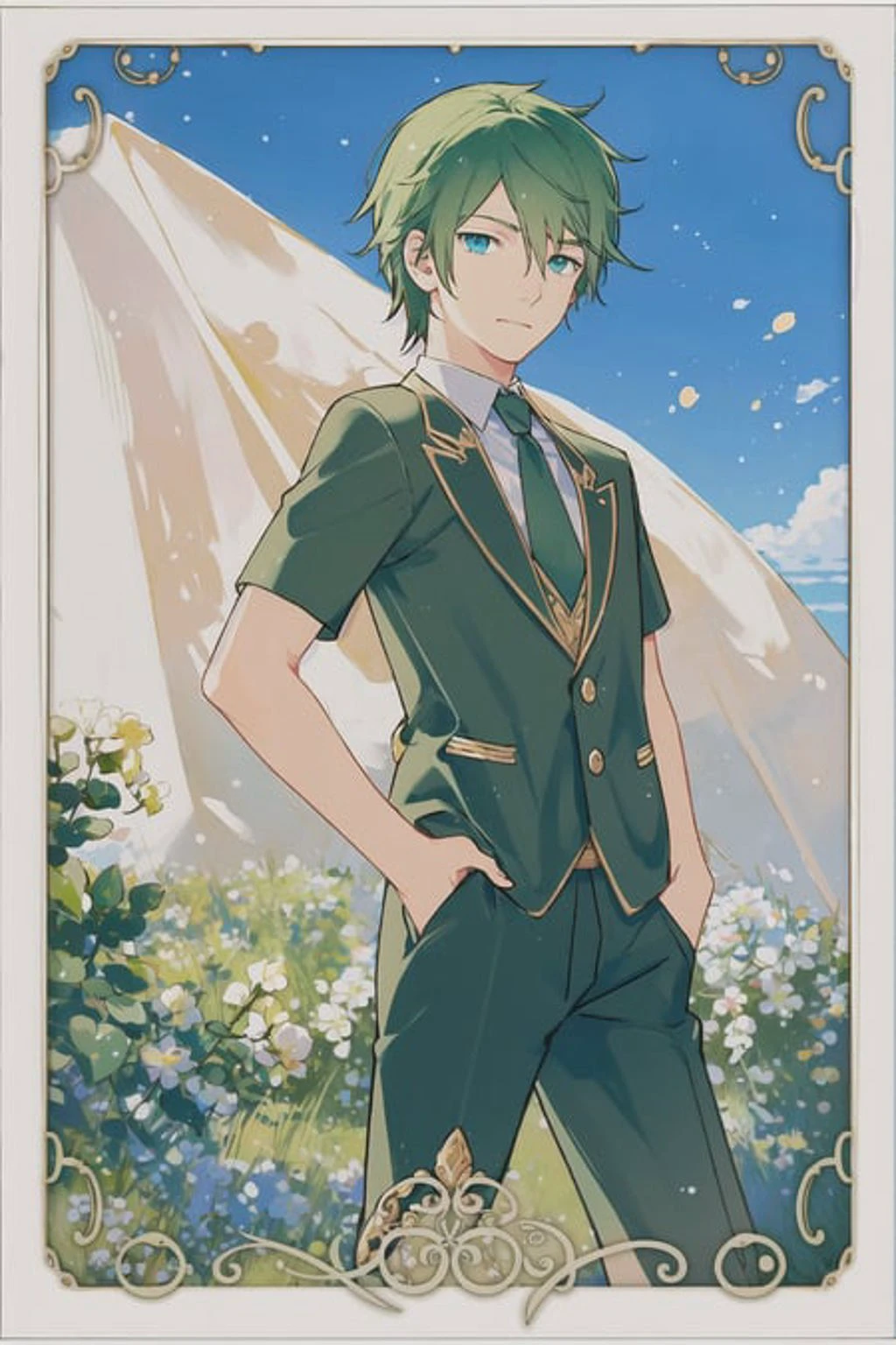 <lora:TradingCard:1> 1boy, male focus, solo, blue eyes, green hair, semi realistic, (masterpiece), trading card style,
