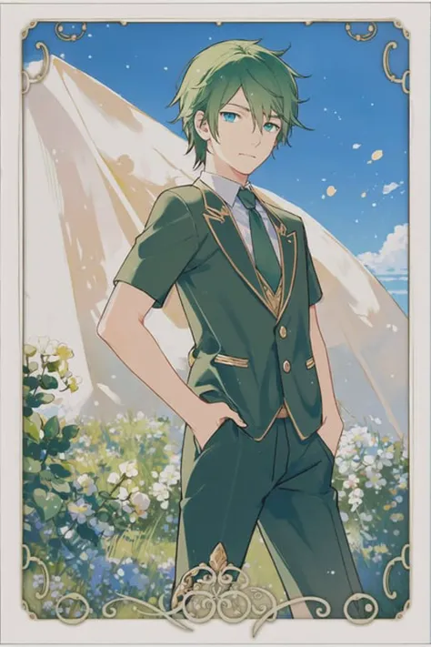 <lora:TradingCard:1> 1boy, male focus,  solo, blue eyes, green hair, semi realistic, (masterpiece), trading card style,