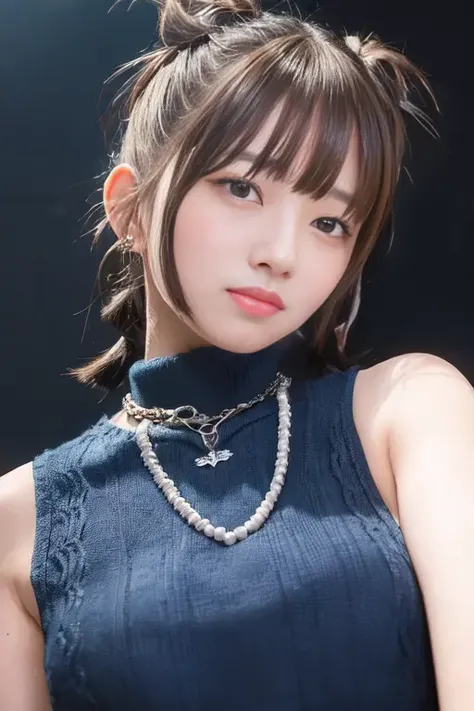 (absurdres, best quality, finely detailed, masterpiece), (photorealistic:1.3), 8k, high res, (skindentation), (professional lighting), (portrait:0.6), gorgeous, (1girl eyes looking at viewer:1), ((looking at viewer:1.6)), (looking at the camera), photorealistic, (bokeh), (portait:0.6), (dynamic pose:1.2), masterpiece, intricate, realistic, sharp focus, award-winning photograph, 1girl, solo, blue top, black hair, twintails, looking at viewer, silver necklace, realistic, bangs, medium hair, brown eyes, nose, Naoi Rei,  <lora:Rei-obentoai-v1:0.9>, upper body, smile