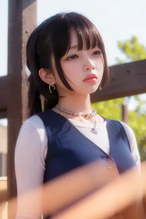(absurdres, best quality, finely detailed, masterpiece), (photorealistic:1.3), 8k, high res, (skindentation), (professional lighting), gorgeous, (bokeh), (dynamic pose:1.2), masterpiece, intricate, realistic, sharp focus, award-winning photograph, a woman with a blue shirt and a necklace accessories hanging from her neck, 1girl, bangs, black_eyes, black_hair, blunt_bangs, earrings, jewelry, long_hair, piercing, solo, Naoi Rei, blue_background, looking_at_viewer, simple_background, portrait, Naoi Rei, <lora:Rei-obentoai-v1:0.9>, upper body, outdoor