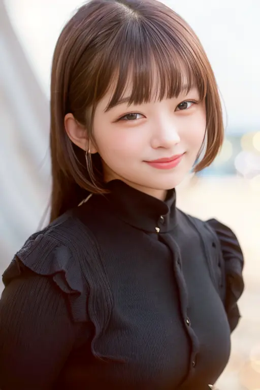 (absurdres, best quality, finely detailed, masterpiece), (photorealistic:1.3), 8k, high res, (professional lighting), (bokeh), realistic, sharp focus, award-winning photograph, a woman in a black jacket and a white background and a brown hair and a smile, 1girl, bangs, blunt_bangs, closed_mouth, lips, looking_at_viewer, mole, mole_under_eye, realistic, solo, Naoi Rei, brown_hair, long hair, black_eyes, portrait, smile,  <lora:Rei-obentoai-v1:0.9>, upper body, outdoor