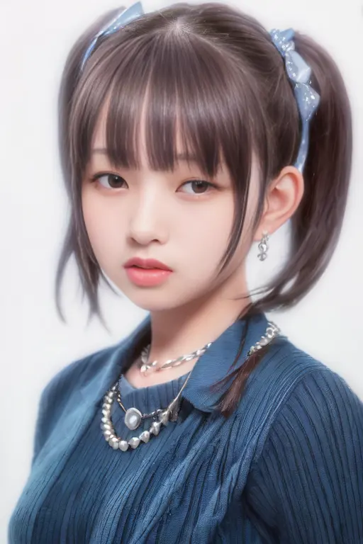 (absurdres, best quality, finely detailed, masterpiece), (photorealistic:1.3), 1girl, solo, blue top, black hair, twintails, looking at viewer, simple background, silver necklace, closed mouth, realistic, bangs, medium hair, brown eyes, nose, Naoi Rei, <lora:Rei-obentoai-v1:0.9>, upper body